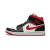 This is the left shoe of Air Jordan 1 Mid Gym Red Black