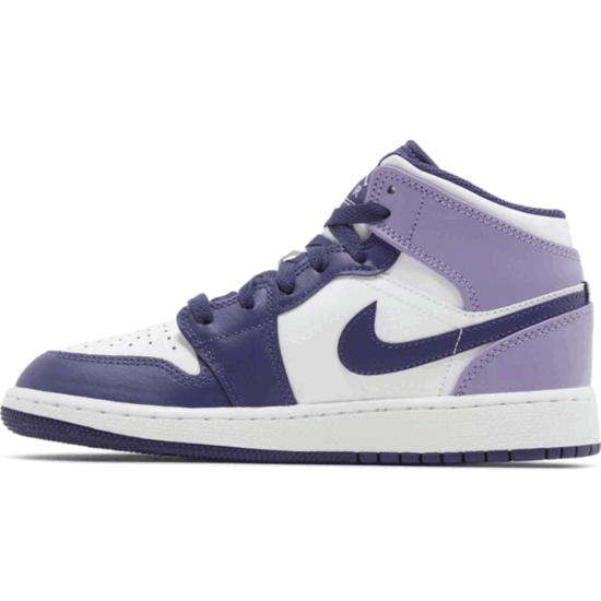This is the left side shoe of Air Jordan 1 Mid GS 'Sky J Purple'
