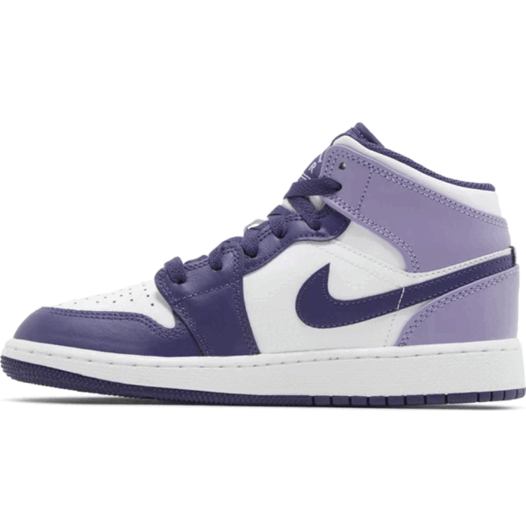 This is the left side shoe of Air Jordan 1 Mid GS 'Sky J Purple'