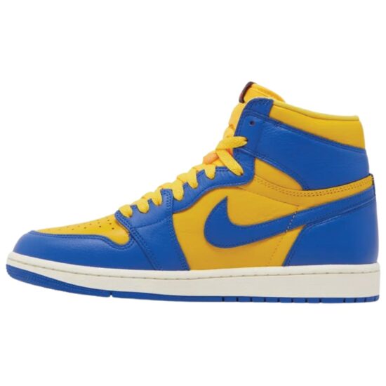 Wmns Air Jordan 1 Retro High OG Reverse Laney sneaker – bold blue and yellow colorway available now at Trainers Factory